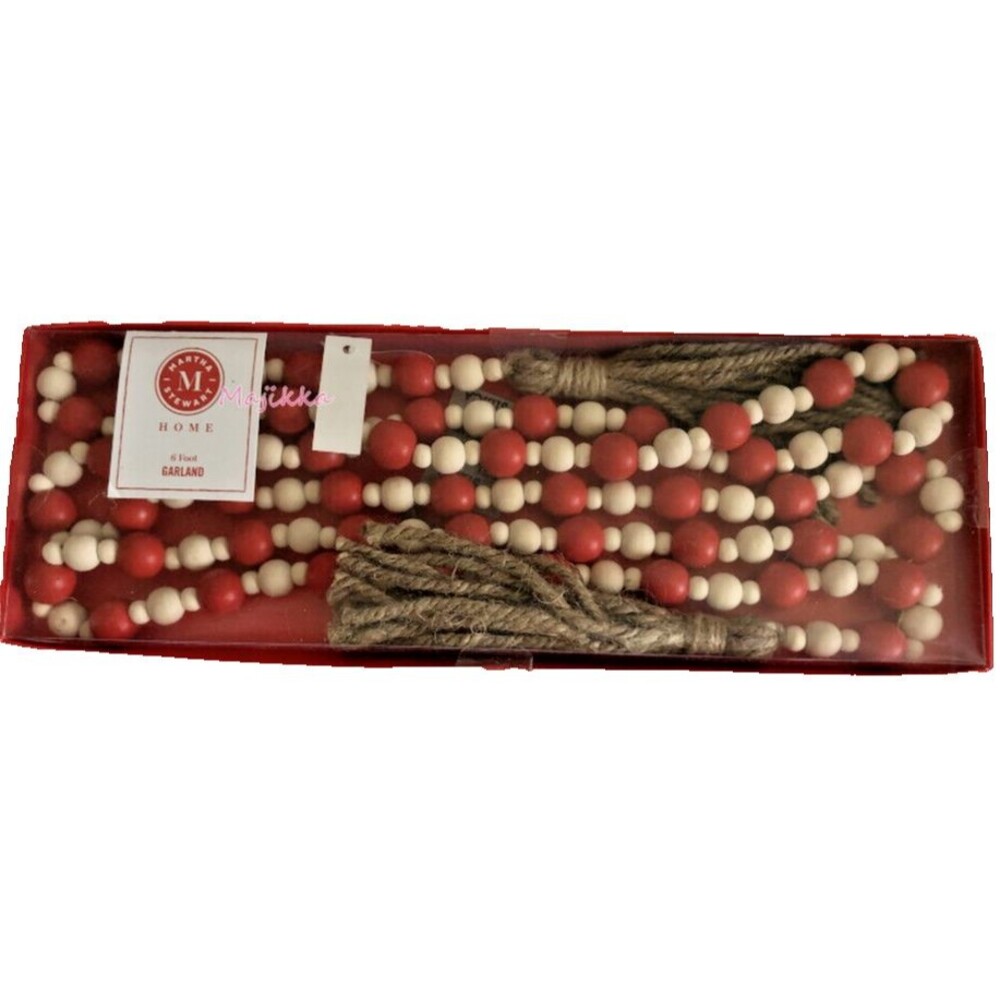 Martha Stewart Christmas Garland Red Wooden Beads Jute Tassels 6 Feet Long